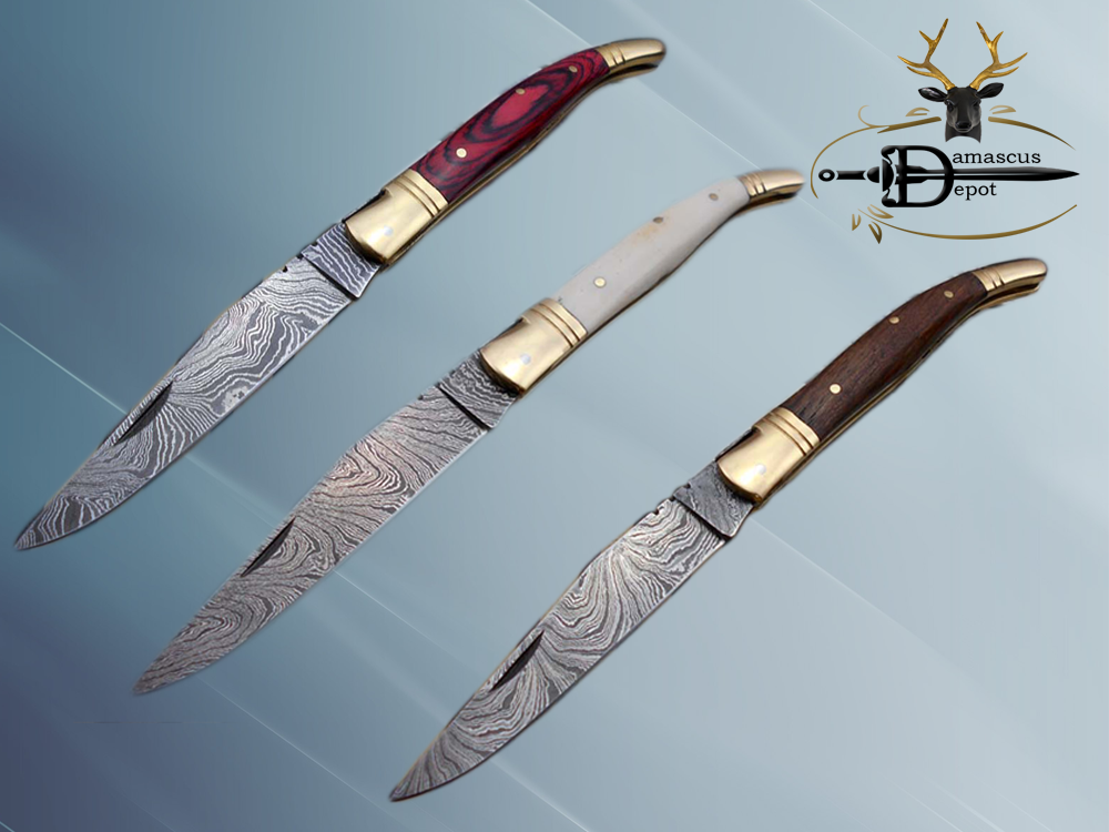 8.5" Damascus steel Laguiolle knife, Available in various scales with brass bolster, 4" twist pattern Blade, Cow hide leather sheath included