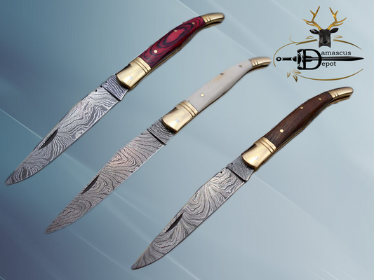 8.5" Damascus steel Laguiolle knife, Available in various scales with brass bolster, 4" twist pattern Blade,  Cow hide leather sheath included