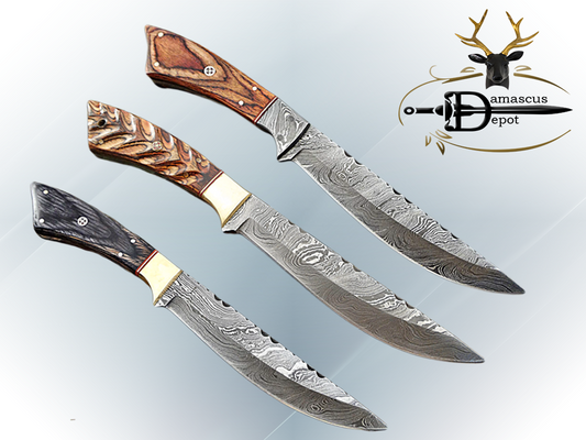 11" Long Damascus steel full tang trailing point blade skinning Knife with Leather sheath, Available in 3 scales with bolster