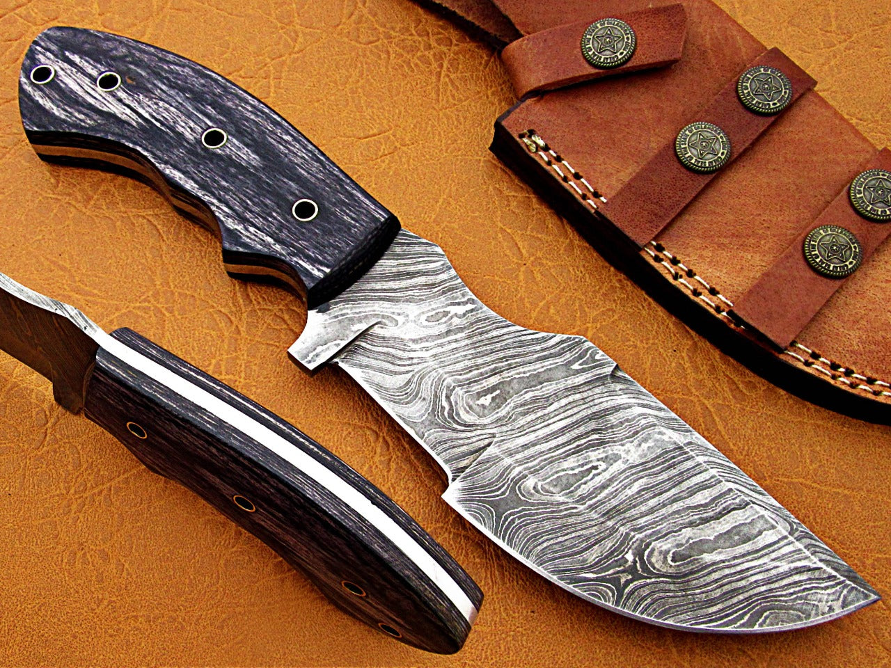 10" Long hand forged twist pattern full tang hand forged Damascus steel tracker knife, dollar wood with holes scale, Cow hide leather sheath