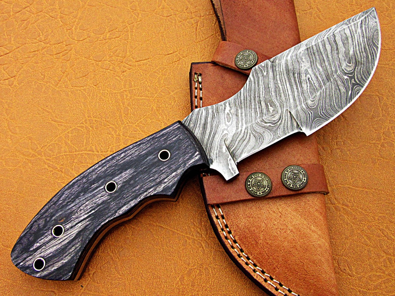 10" Long hand forged twist pattern full tang hand forged Damascus steel tracker knife, dollar wood with holes scale, Cow hide leather sheath