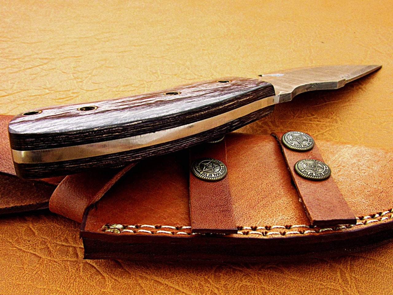 10" Long hand forged twist pattern full tang hand forged Damascus steel tracker knife, dollar wood with holes scale, Cow hide leather sheath