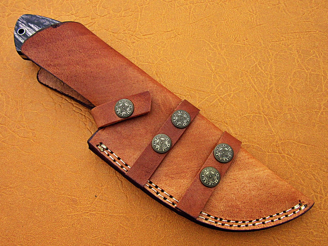 10" Long hand forged twist pattern full tang hand forged Damascus steel tracker knife, dollar wood with holes scale, Cow hide leather sheath