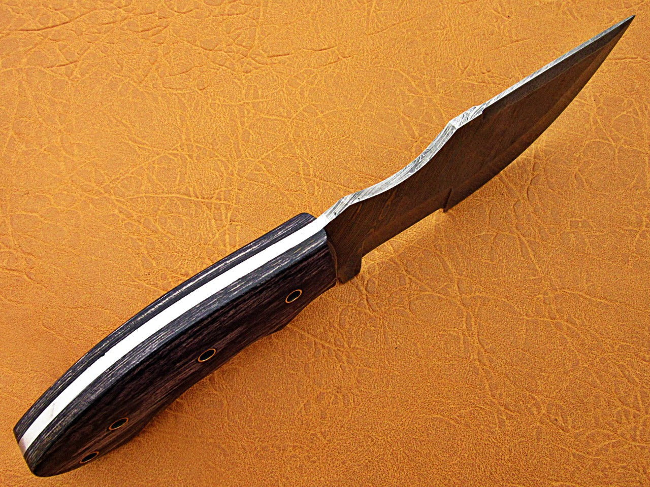 10" Long hand forged twist pattern full tang hand forged Damascus steel tracker knife, dollar wood with holes scale, Cow hide leather sheath
