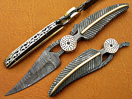 8" hand forged Damascus steel leaf folding pocket knife custom made, Engraved Damascus scale with bras art work cow leather sheath