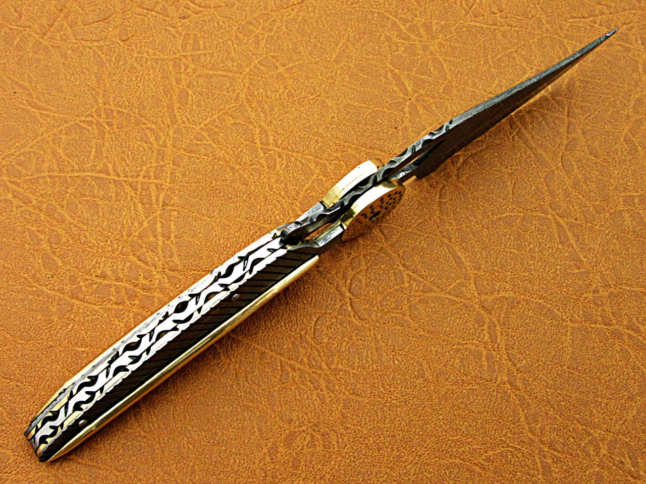 8" hand forged Damascus steel leaf folding pocket knife custom made, Engraved Damascus scale with bras art work cow leather sheath
