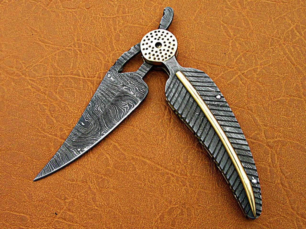 8" hand forged Damascus steel leaf folding pocket knife custom made, Engraved Damascus scale with bras art work cow leather sheath