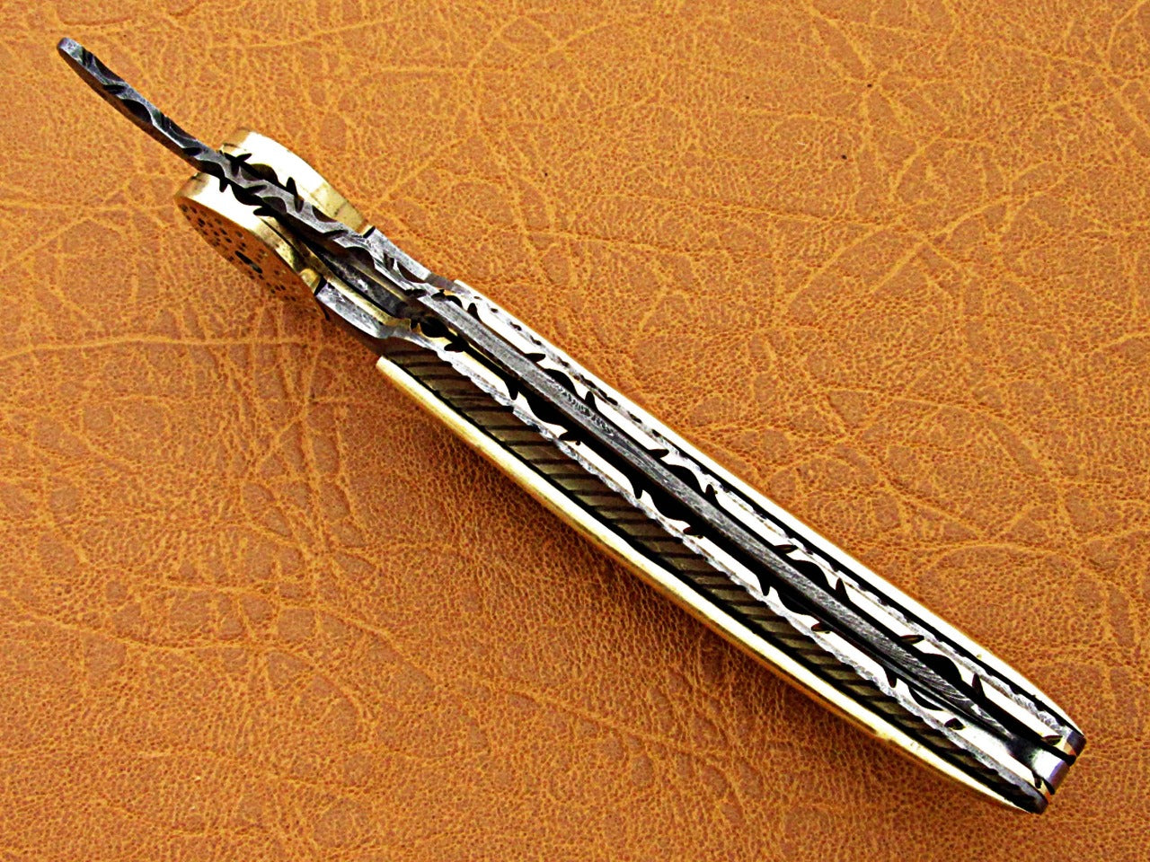8" hand forged Damascus steel leaf folding pocket knife custom made, Engraved Damascus scale with bras art work cow leather sheath