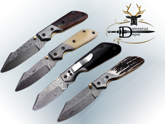 Damascus steel 7.5" long Folding Knife Bull horn with Damascus bolster pocket clip scale, custom made Hand Forged blade cow leather sheath