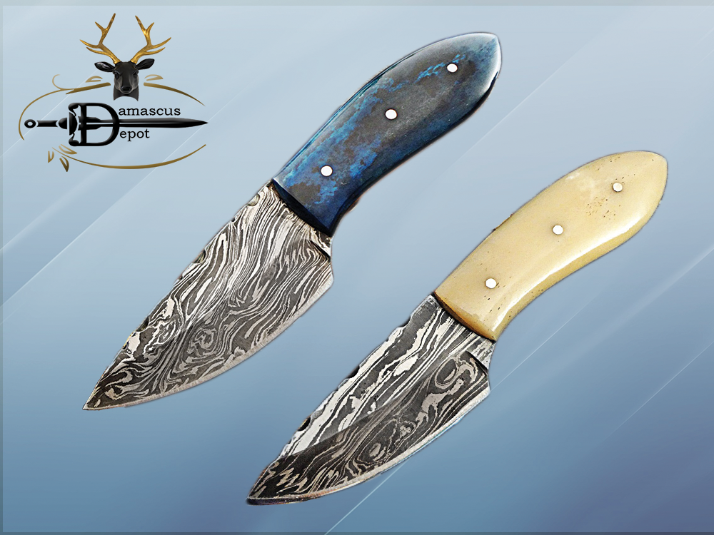 6.5" Long compact pocket Knife, full tang Damascus steel 3" drop point blade, Available in Blue and white scales, Cow hide Leather sheath included