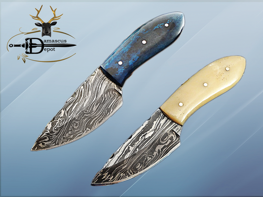 6.5" Long compact pocket Knife, full tang Damascus steel 3" drop point blade, Available in Blue and white scales, Cow hide Leather sheath included