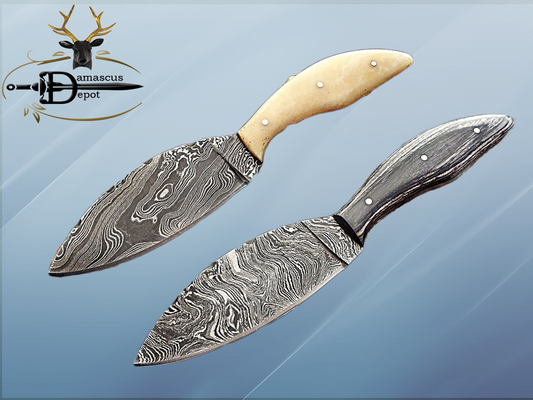 8.5" DAMASCUS STEEL BLADE POCKET KNIFE, JIGGED BULL HORN SCALE, LEATHER SHEATH