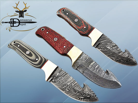 8" Long hand forged Damascus steel full tang blade gut hook skinning Knife, 3 scales available, includes Cow hide leather sheath