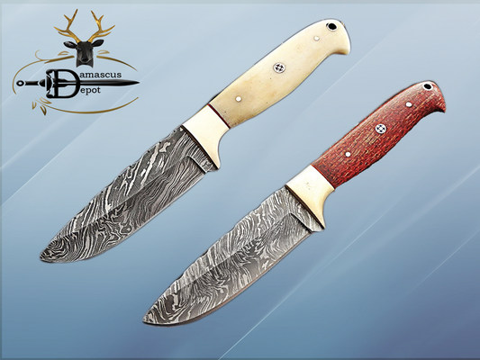 9" Damascus steel skinning knife, 4.5" full tang blade, Available in White and Red colors,  includes Cow hide Leather sheath