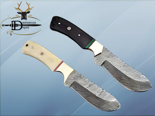 9" Damascus steel full tang Skinning Knife, Black and white scales with Brass Bolster scale, Cow hide Leather sheath included