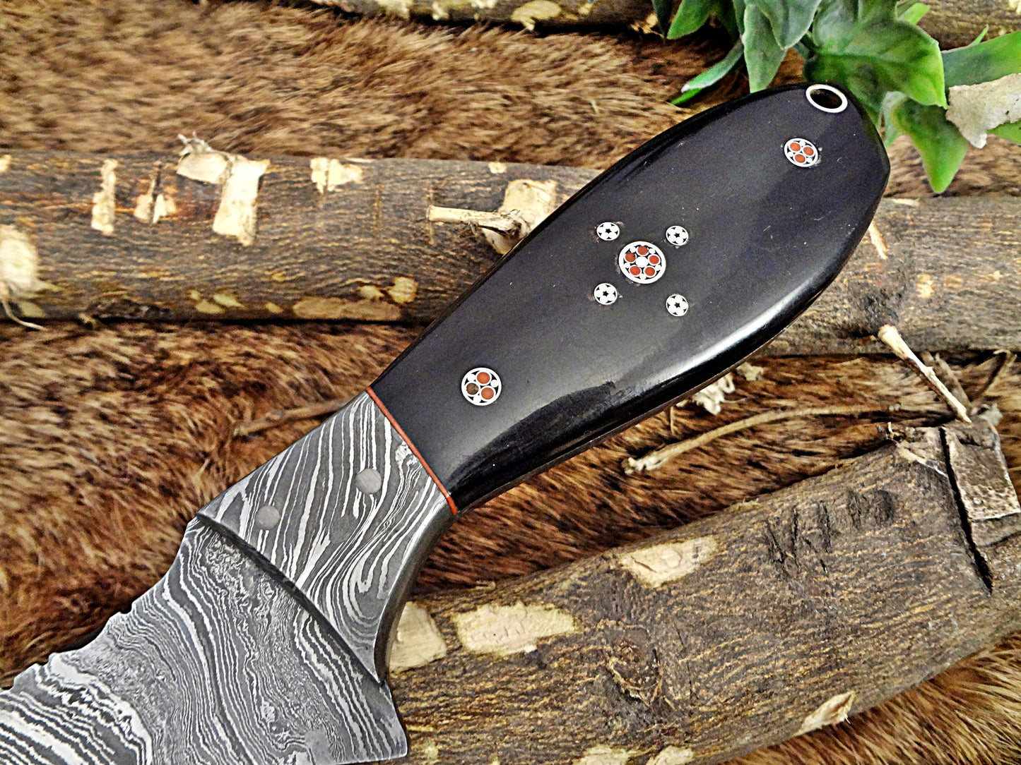 9" Long hand forged Damascus steel full tang skinning Knife with gut hook, Bull horn with Damascus Bolster, Cow hide Leather sheath