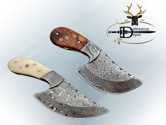 7" long Hand Forged Damascus Steel wide blade Pocket Knife with 3.5" cutting edge, available in 4 Natural scales, Includes Cow leather sheath