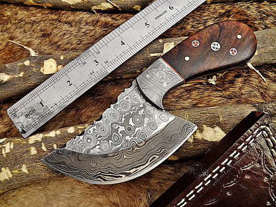 7" long Hand Forged Damascus Steel wide blade Pocket Knife with 3.5" cutting edge, available in 4 Natural scales, Includes Cow leather sheath