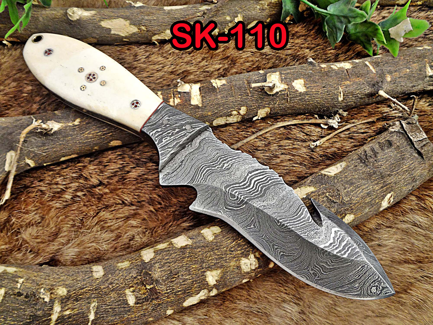 9" Long hand forged Damascus steel full tang skinning Knife with gut hook, Bull horn with Damascus Bolster, Cow hide Leather sheath
