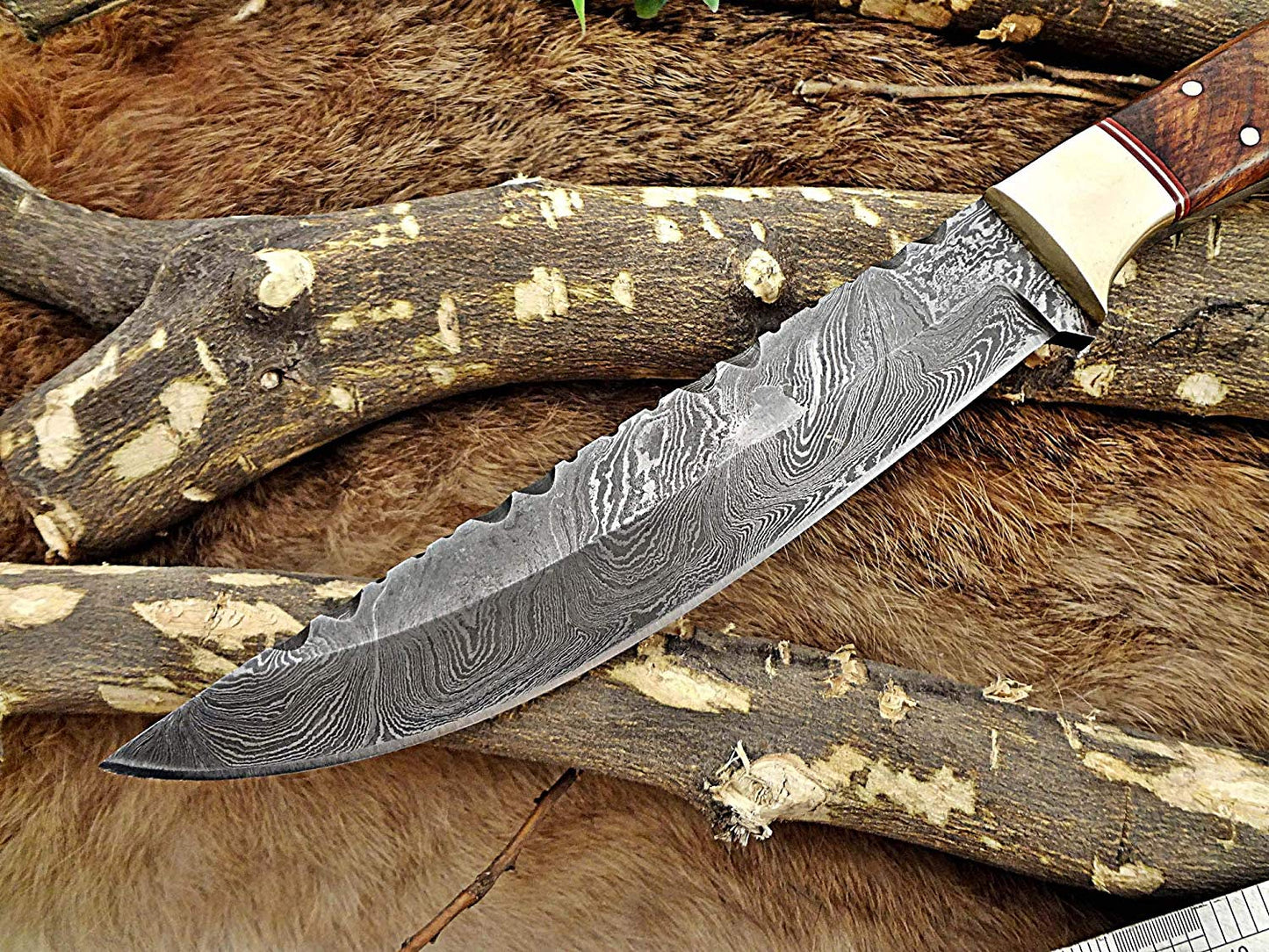 11" Long Damascus steel full tang trailing point blade skinning Knife with Leather sheath, Available in 3 scales with bolster