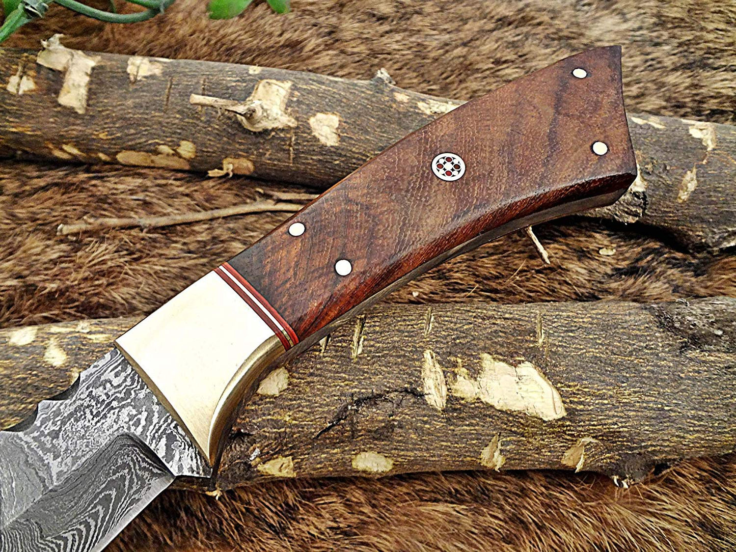 11" Long Damascus steel full tang trailing point blade skinning Knife with Leather sheath, Available in 3 scales with bolster