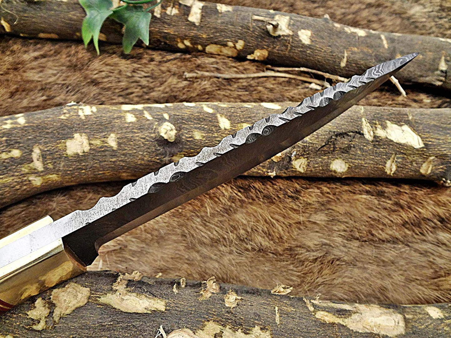 11" Long Damascus steel full tang trailing point blade skinning Knife with Leather sheath, Available in 3 scales with bolster