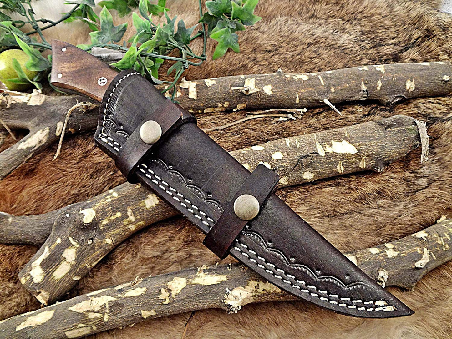 11" Long Damascus steel full tang trailing point blade skinning Knife with Leather sheath, Available in 3 scales with bolster