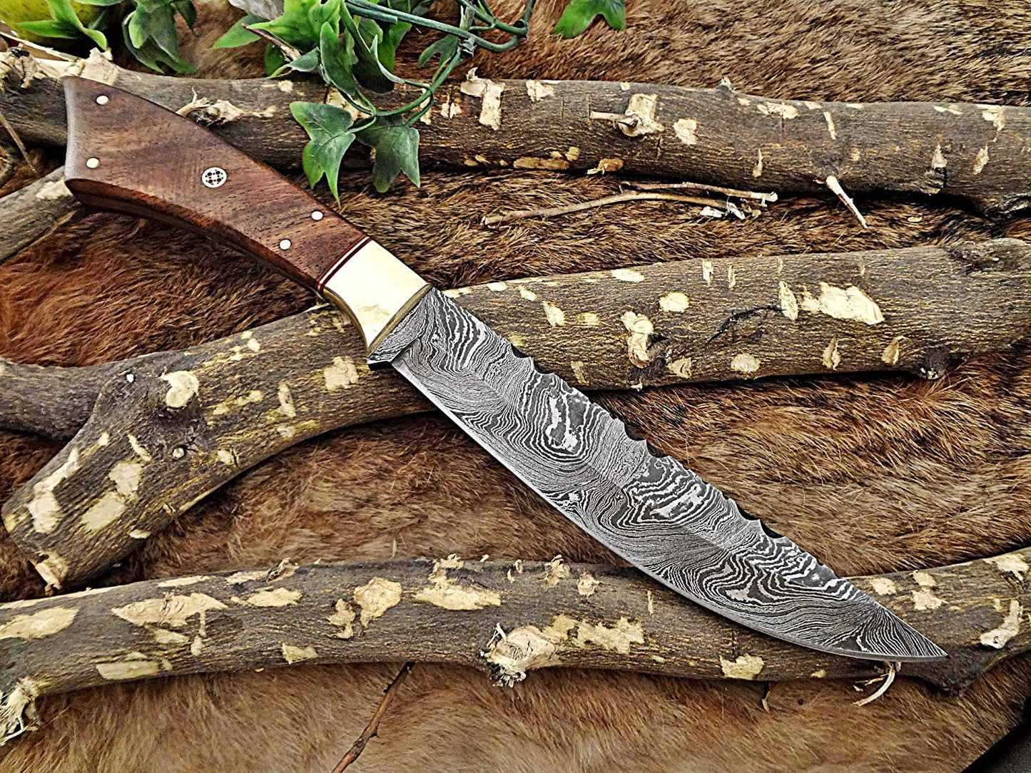 11" Long Damascus steel full tang trailing point blade skinning Knife with Leather sheath, Available in 3 scales with bolster