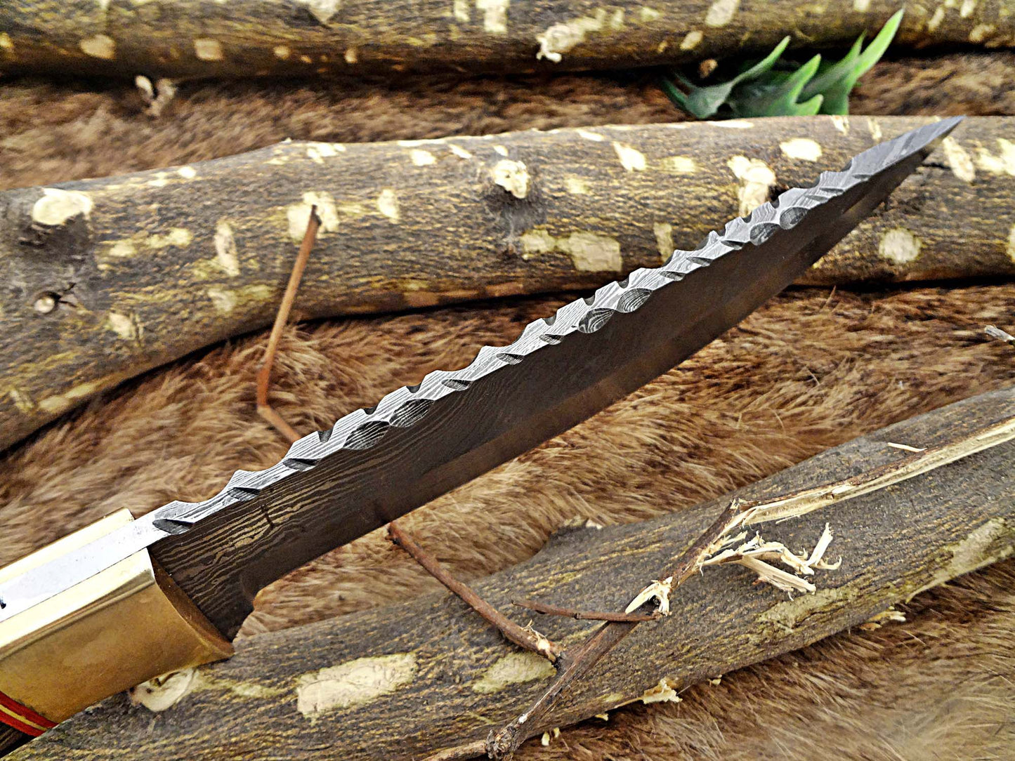 11" Long Damascus steel full tang trailing point blade skinning Knife with Leather sheath, Available in 3 scales with bolster