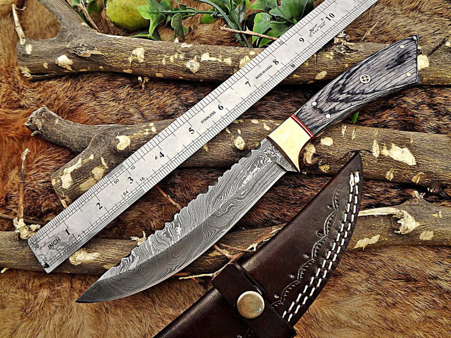 11" Long Damascus steel full tang trailing point blade skinning Knife with Leather sheath, Available in 3 scales with bolster