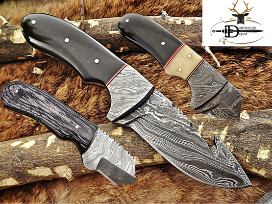 8" Long skinning knife, 4" full tang gut hook blade, hand forged Damascus steel, available in 3 scales, includes Cow Leather sheath
