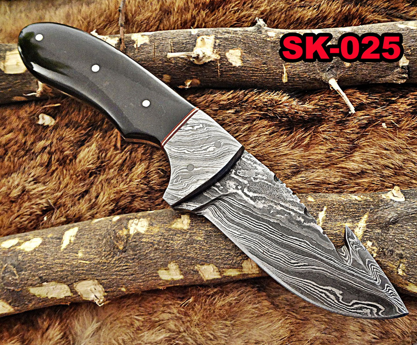 8" Long skinning knife, 4" full tang gut hook blade, hand forged Damascus steel, available in 3 scales, includes Cow Leather sheath