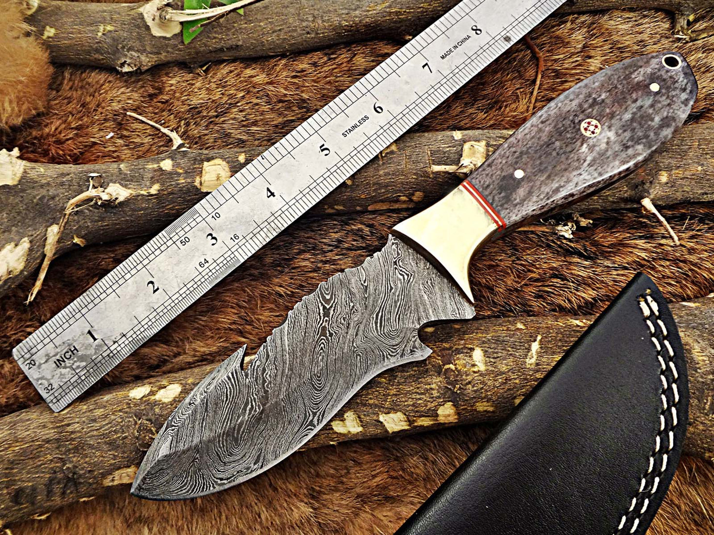 9" Long hand forged Damascus steel full tang skinning Knife with gut hook, Bull horn with Damascus Bolster, Cow hide Leather sheath