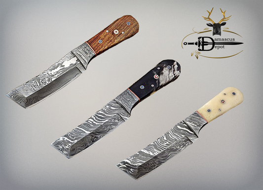 8" Long hand forged Damascus steel full tang Tanto blade pocket Knife, Available in 3 scales, includes Cow leather sheath