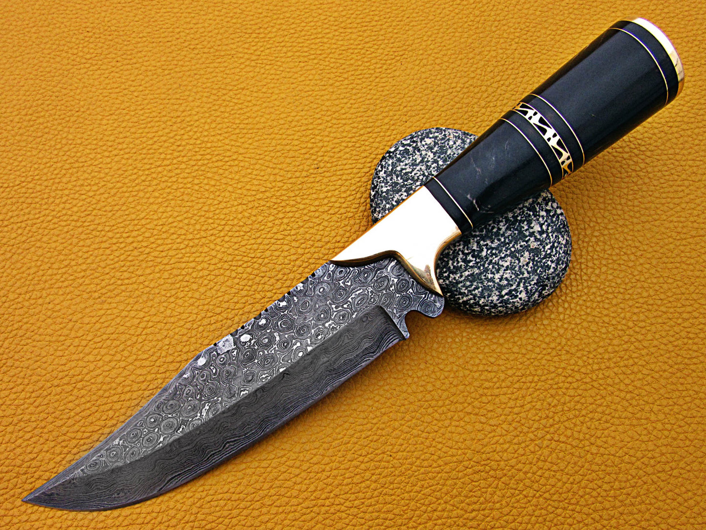 12" Long Damascus steel Skinning Knife hand forged Twist pattern Damascus steel, Rose wood round scale crafted with engraved brass spacer & cap, Cow hide leather sheath with belt loop