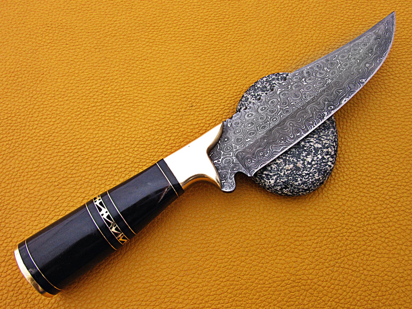 12" Long Damascus steel Skinning Knife hand forged Twist pattern Damascus steel, Rose wood round scale crafted with engraved brass spacer & cap, Cow hide leather sheath with belt loop