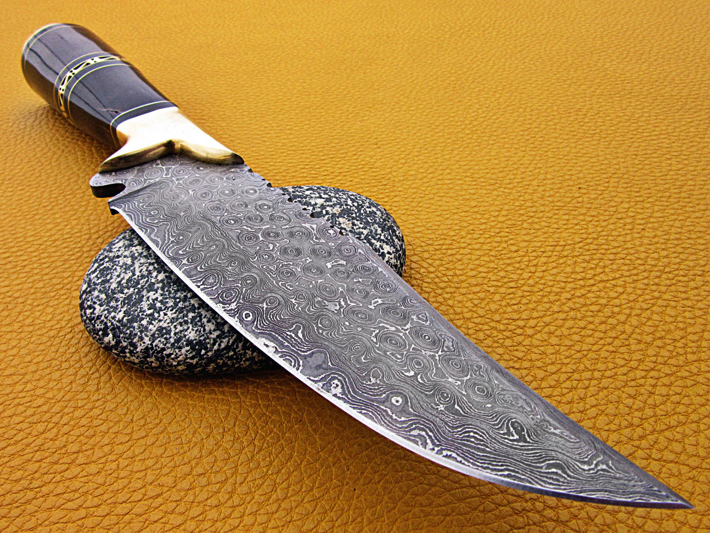 12" Long Damascus steel Skinning Knife hand forged Twist pattern Damascus steel, Rose wood round scale crafted with engraved brass spacer & cap, Cow hide leather sheath with belt loop