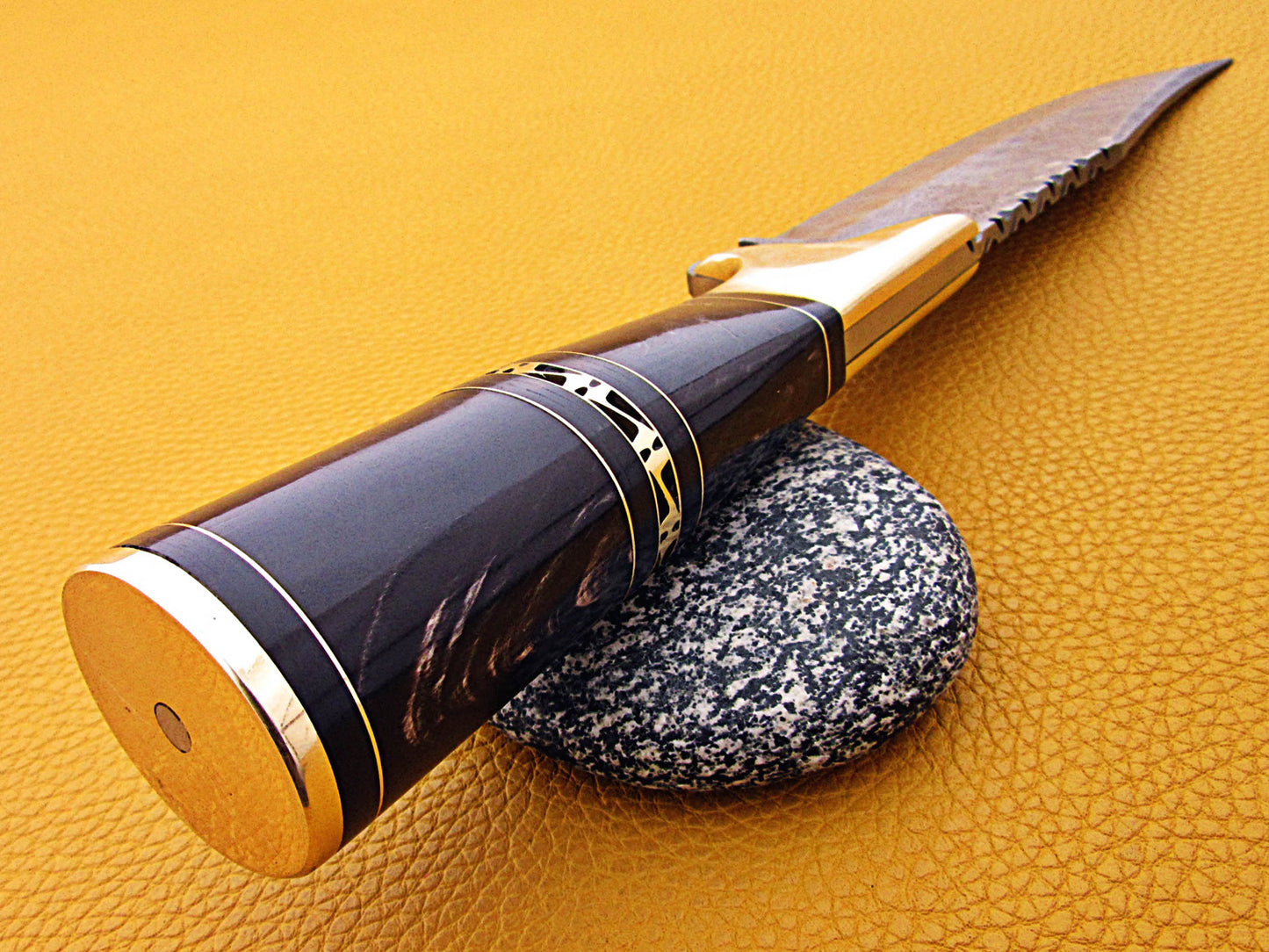 12" Long Damascus steel Skinning Knife hand forged Twist pattern Damascus steel, Rose wood round scale crafted with engraved brass spacer & cap, Cow hide leather sheath with belt loop