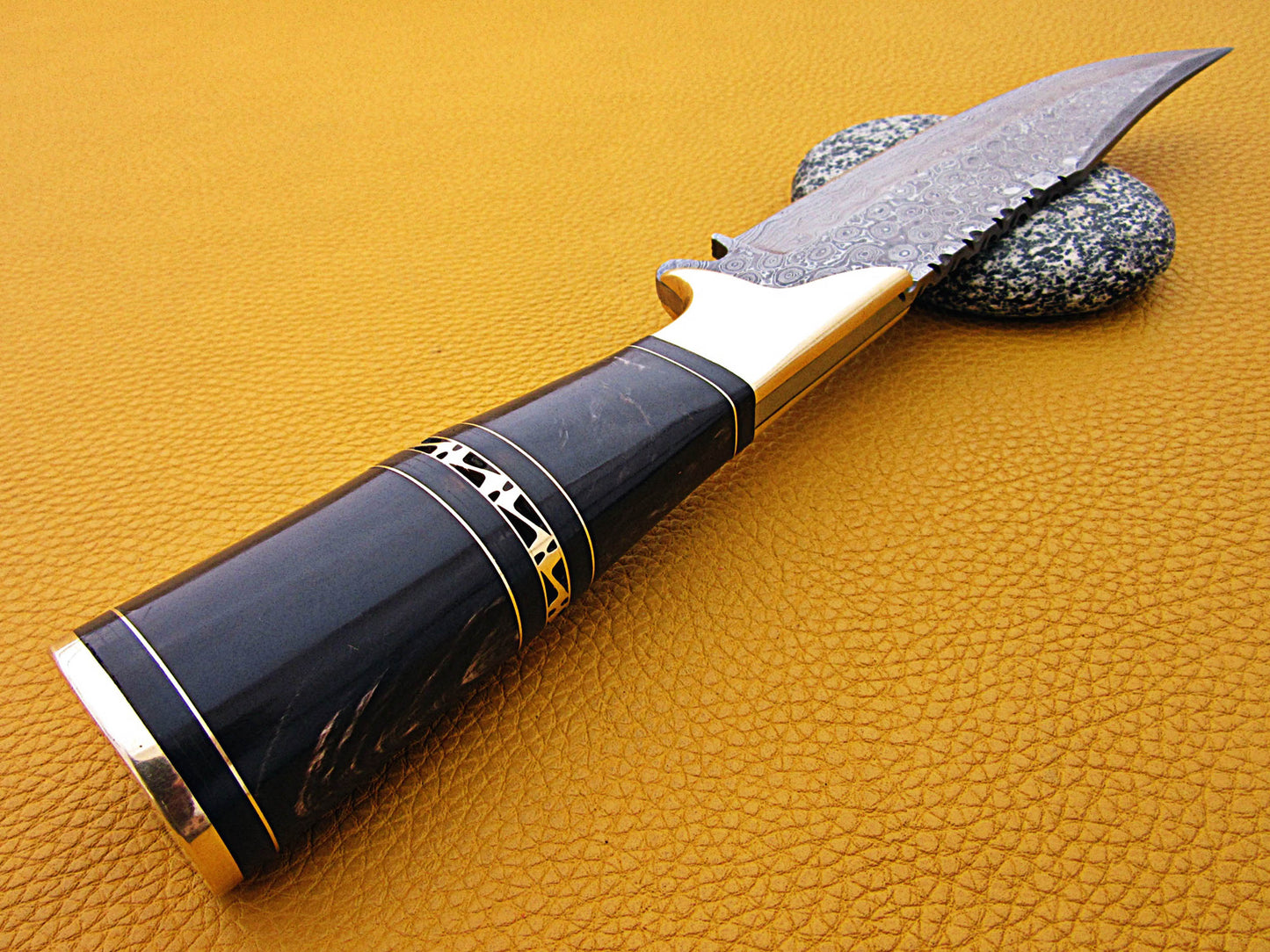 12" Long Damascus steel Skinning Knife hand forged Twist pattern Damascus steel, Rose wood round scale crafted with engraved brass spacer & cap, Cow hide leather sheath with belt loop