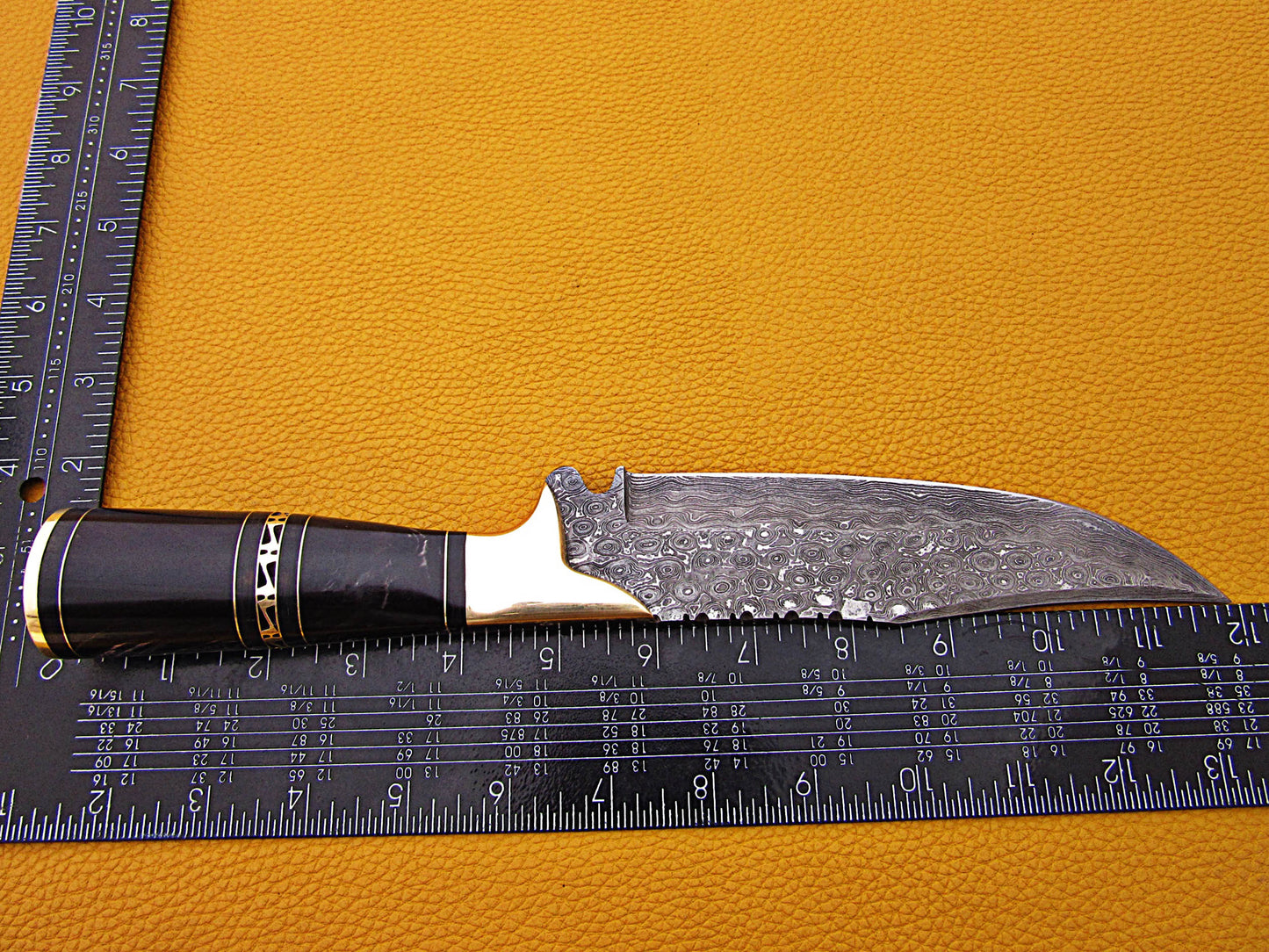 12" Long Damascus steel Skinning Knife hand forged Twist pattern Damascus steel, Rose wood round scale crafted with engraved brass spacer & cap, Cow hide leather sheath with belt loop
