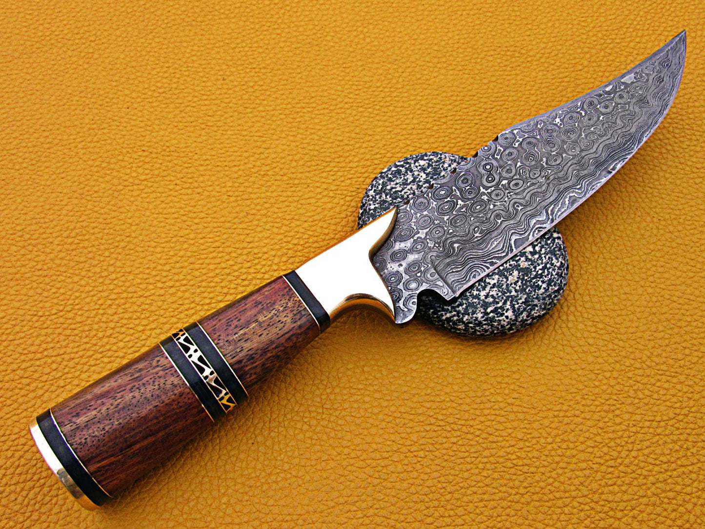 12" Long Damascus steel Skinning Knife hand forged Twist pattern Damascus steel, Rose wood round scale crafted with engraved brass spacer & cap, Cow hide leather sheath with belt loop