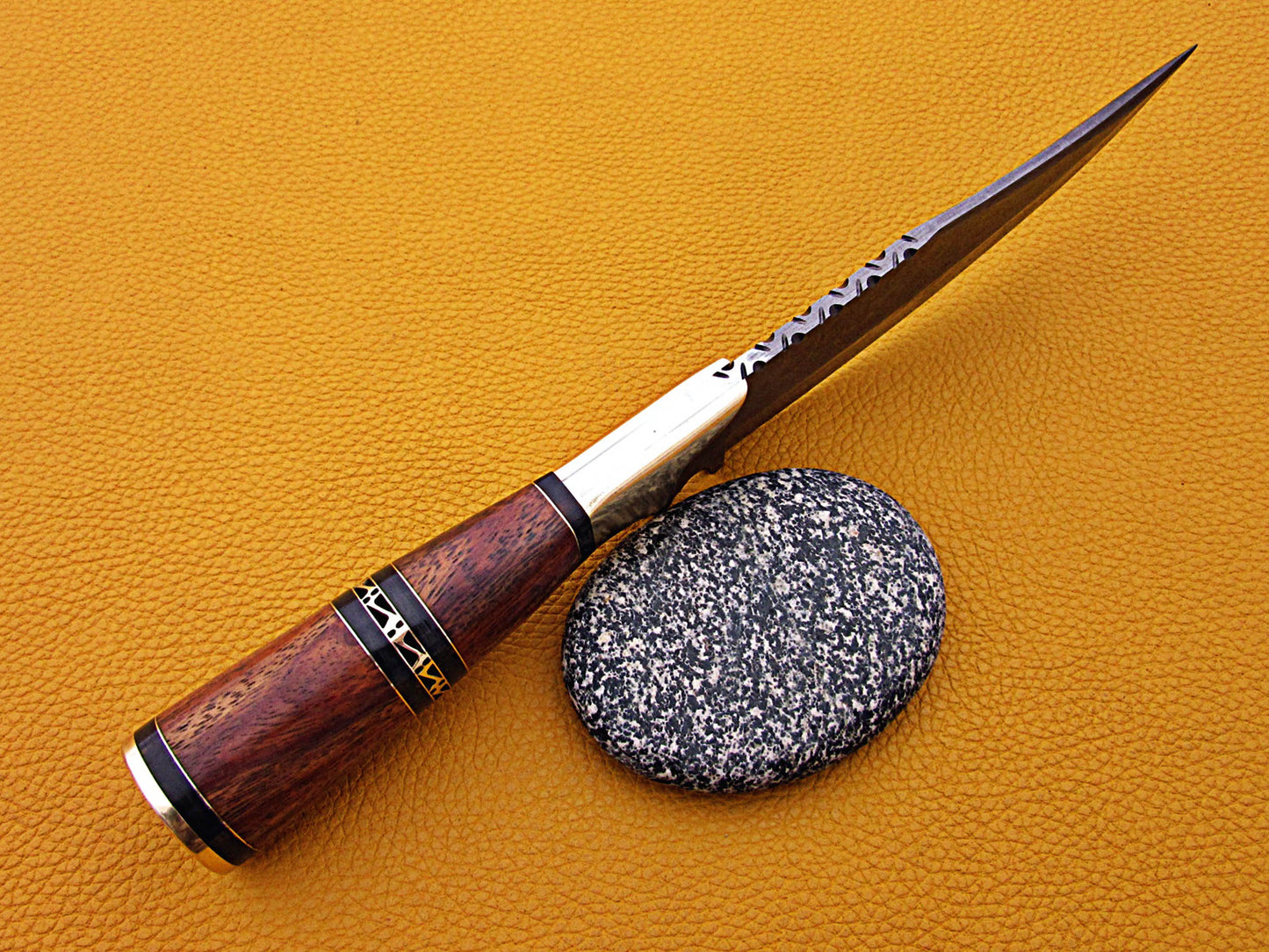 12" Long Damascus steel Skinning Knife hand forged Twist pattern Damascus steel, Rose wood round scale crafted with engraved brass spacer & cap, Cow hide leather sheath with belt loop