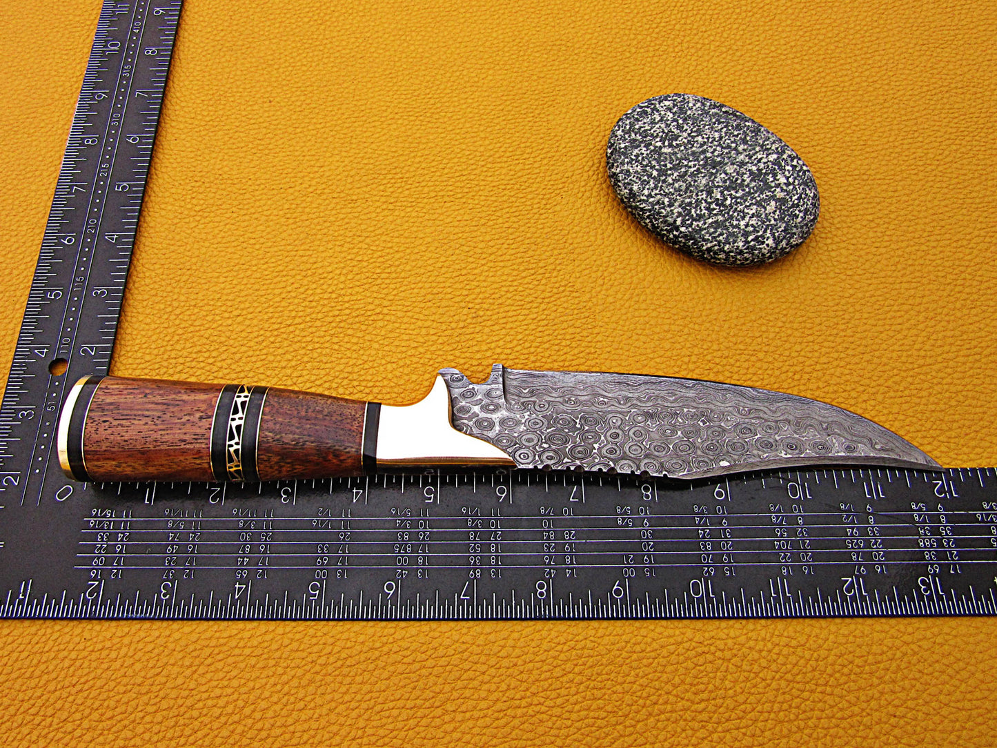 12" Long Damascus steel Skinning Knife hand forged Twist pattern Damascus steel, Rose wood round scale crafted with engraved brass spacer & cap, Cow hide leather sheath with belt loop