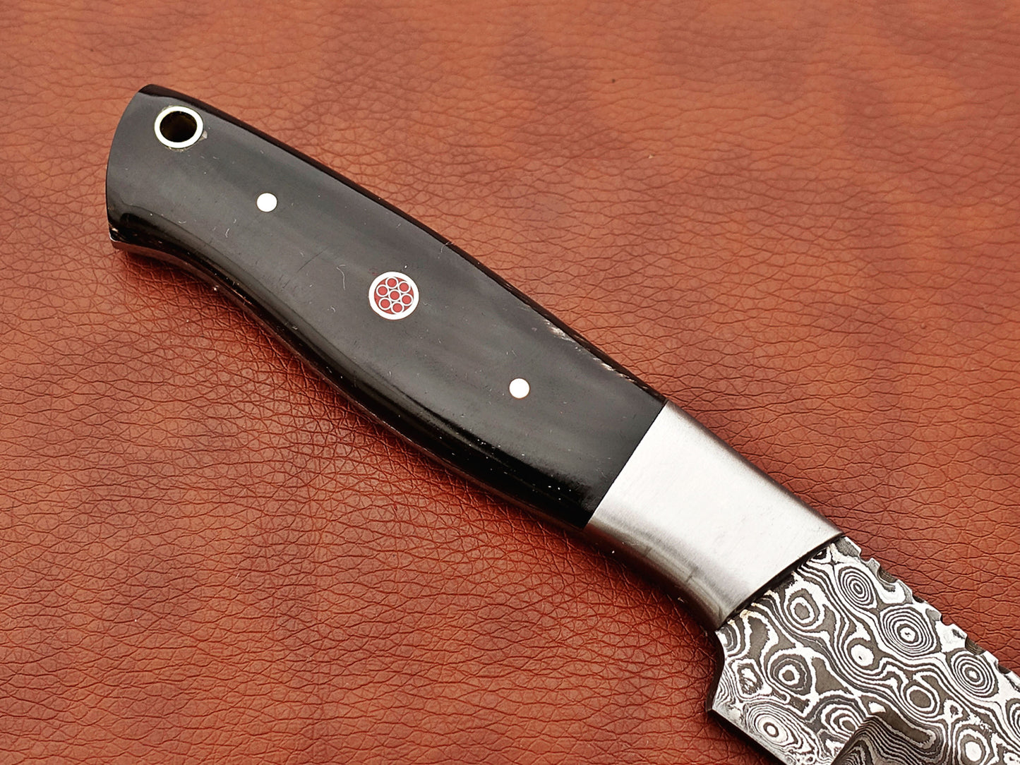9.5" straight back blade skinning knife, 5" full tang Rain drop pattern Damascus steel blade, Available in 4 colors, includes Cow hide Leather sheath
