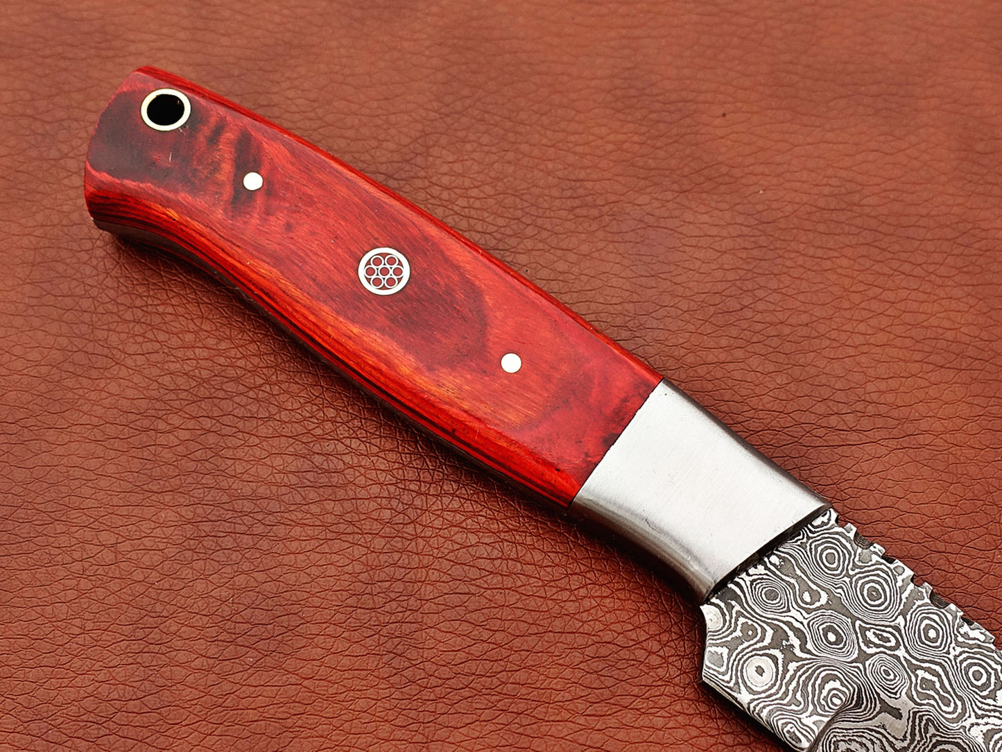 9.5" straight back blade skinning knife, 5" full tang Rain drop pattern Damascus steel blade, Available in 4 colors, includes Cow hide Leather sheath
