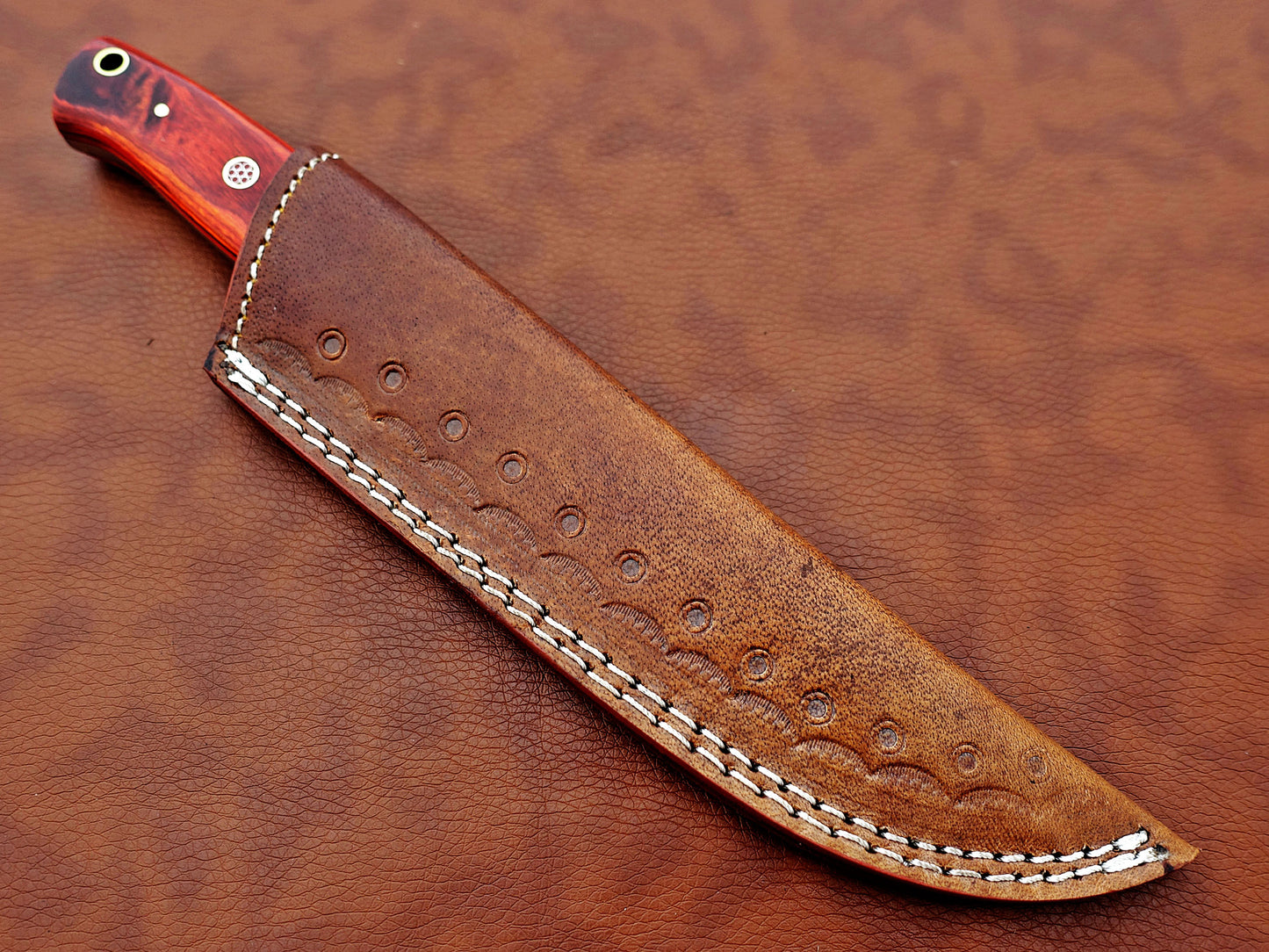 9.5" straight back blade skinning knife, 5" full tang Rain drop pattern Damascus steel blade, Available in 4 colors, includes Cow hide Leather sheath
