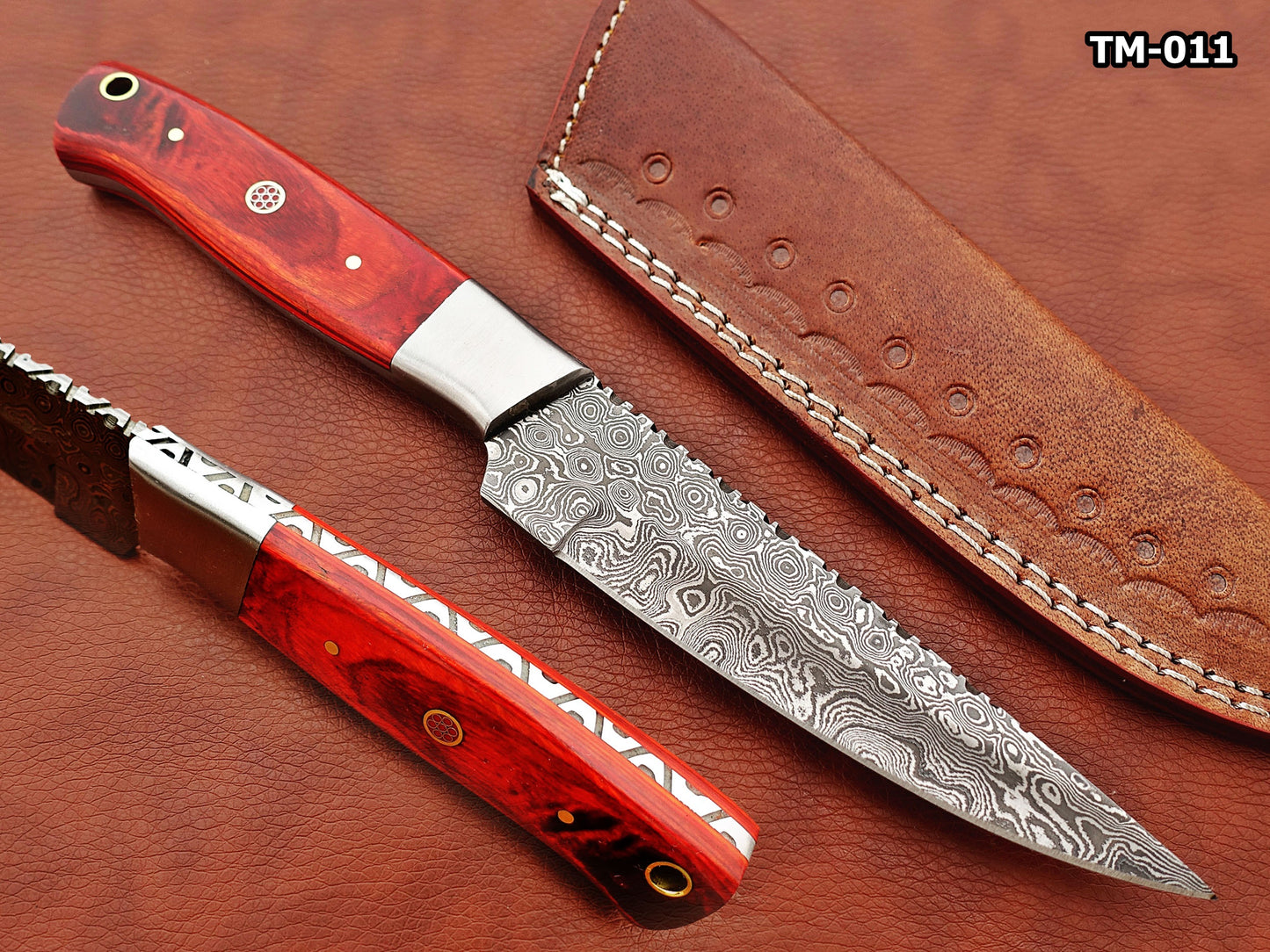 9.5" straight back blade skinning knife, 5" full tang Rain drop pattern Damascus steel blade, Available in 4 colors, includes Cow hide Leather sheath