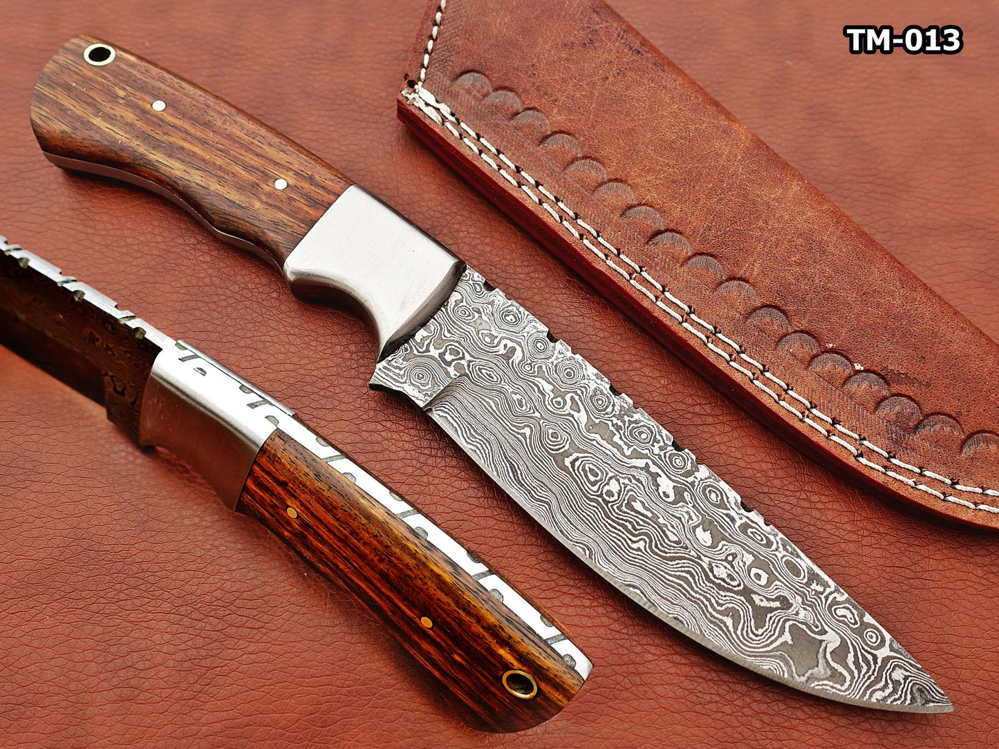 9.5" skinning knife, 5" full tang Rain drop pattern straight back Damascus steel blade, Available in 4 colors, includes Cow hide Leather sheath