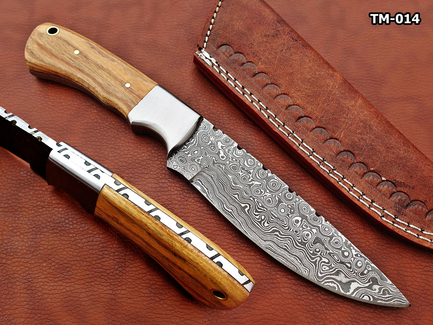 9.5" skinning knife, 5" full tang Rain drop pattern straight back Damascus steel blade, Available in 4 colors, includes Cow hide Leather sheath