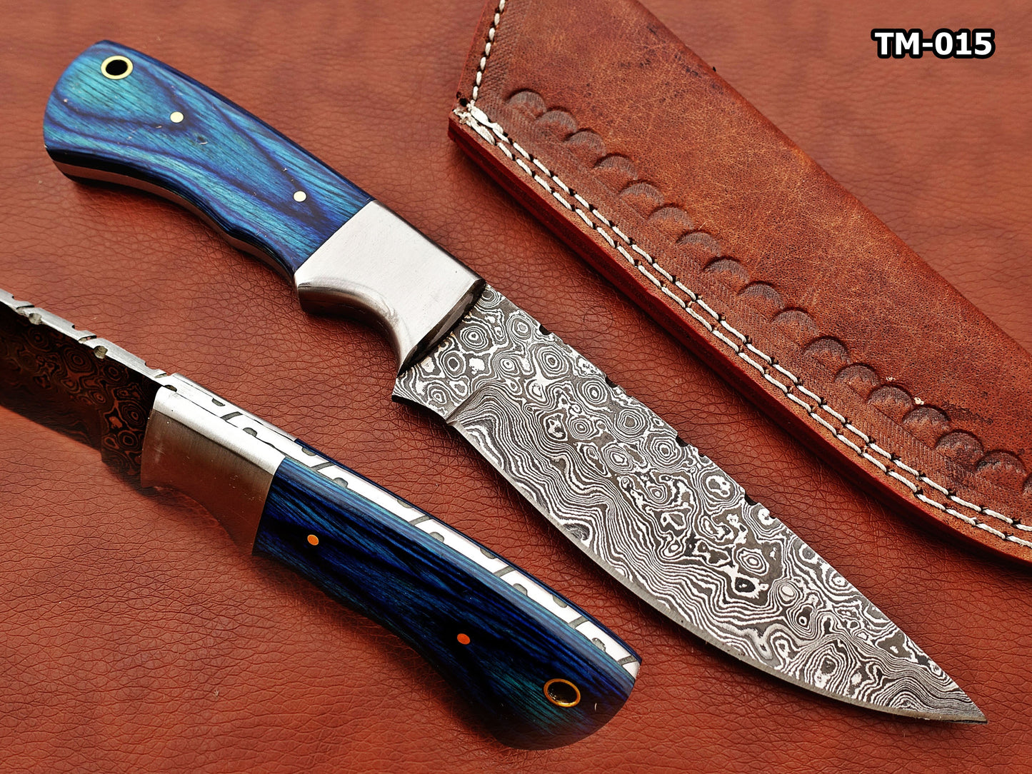 9.5" skinning knife, 5" full tang Rain drop pattern straight back Damascus steel blade, Available in 4 colors, includes Cow hide Leather sheath